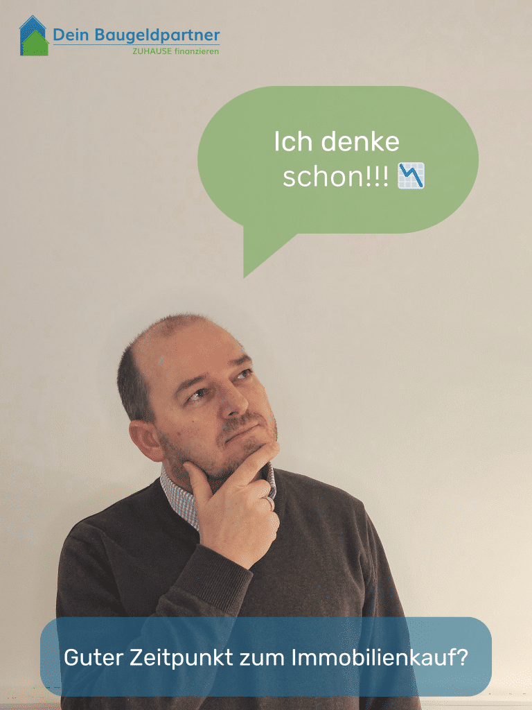 Das Bild zeigt Robbi nachdenkend. Unten die Frage "Guter Zeitpunkt zum Immobilienkauf?" und einer Sprechblase mit dem Schriftzug "Ich denke schon"